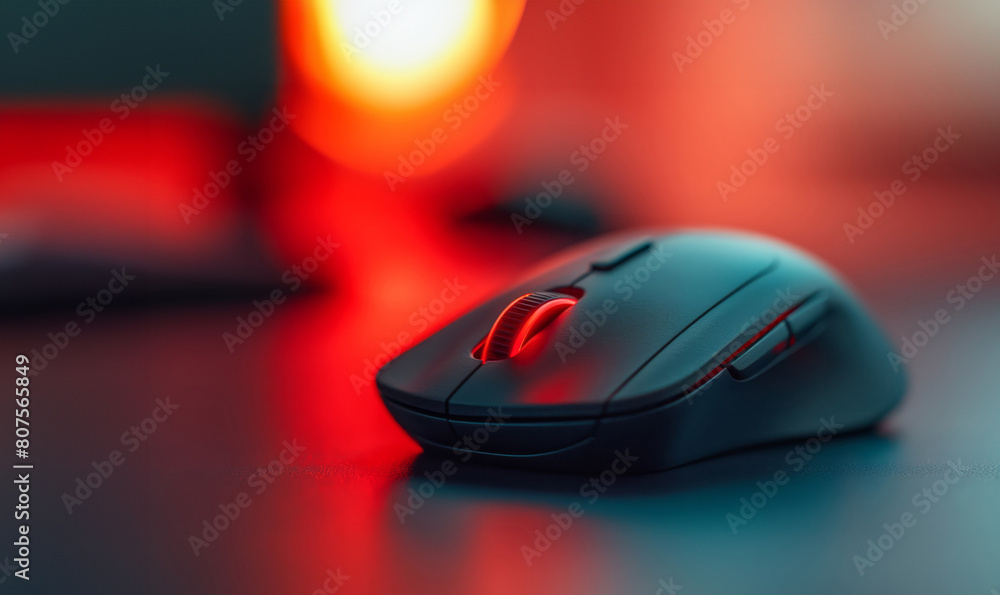 A Wireless Mouse Under A Red Ambient Light, Creating A Dramatic And Modern Aesthetic A Wireless Mouse Under A Red Ambient Light, Creating A Dramatic And Modern Aesthetic