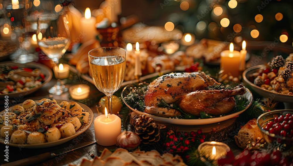 A beautifully decorated Christmas dinner table with a golden deep fried turkey, potatoes and vegetables. Created with Ai