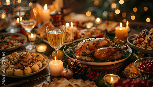 A beautifully decorated Christmas dinner table with a golden deep fried turkey  potatoes and vegetables. Created with Ai