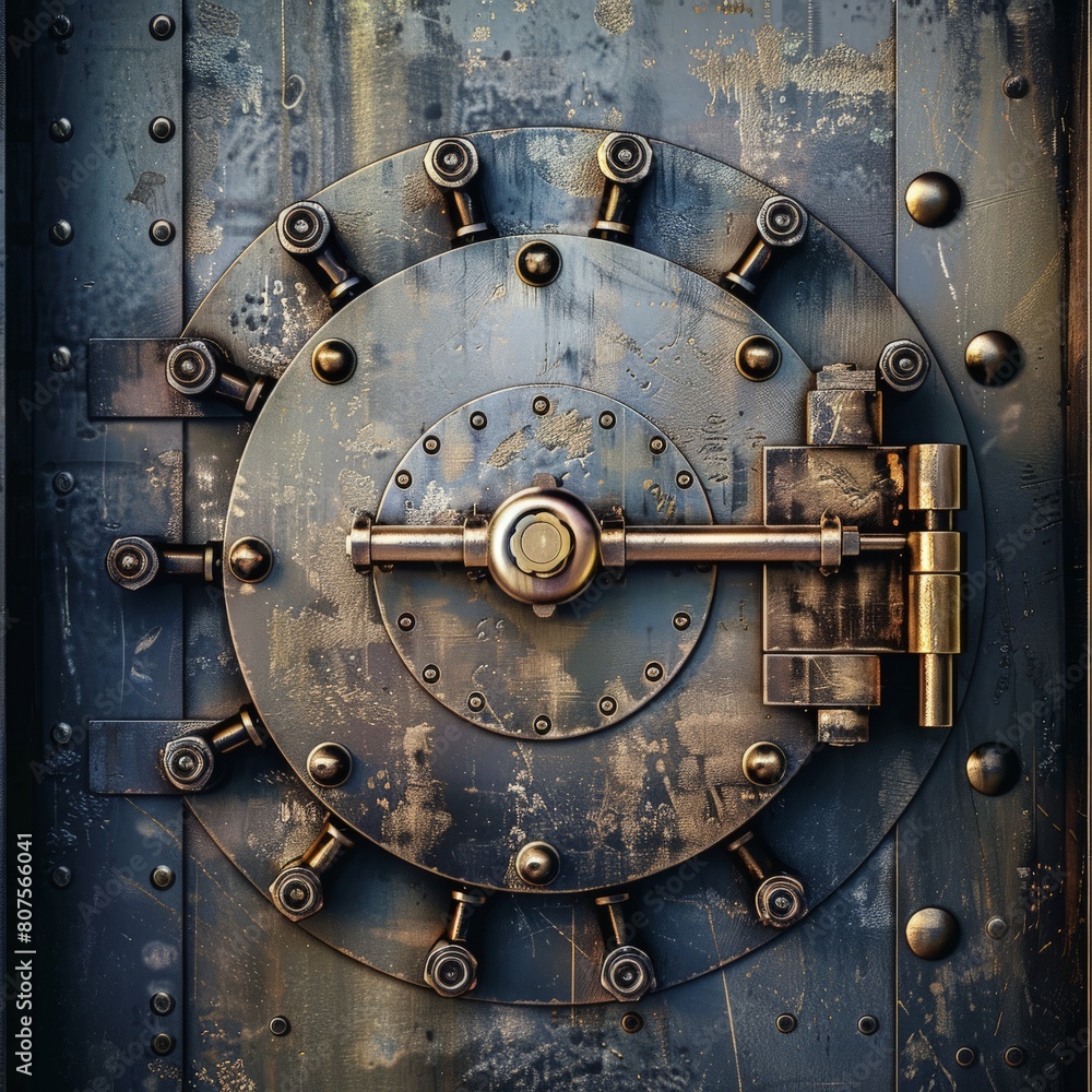 A bank vault door with a heavy lock and security measures, symbolizing financial safety and security
