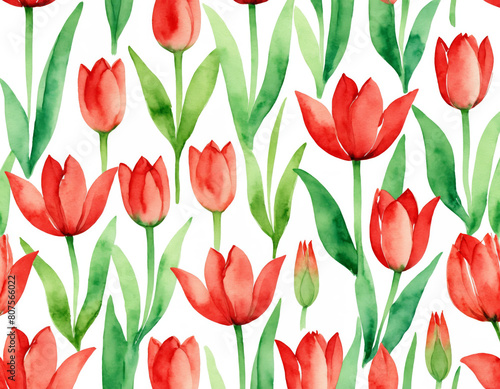 Vibrant Watercolor Red Tulips Pattern