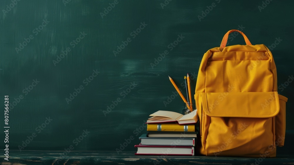 Yellow backpack with books and school supplies on table against green chalkboard background. Yellow backpack with books and school supplies on table against green chalkboard background.