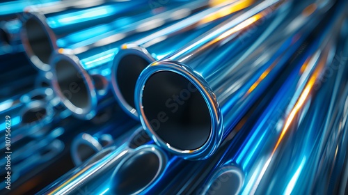 Stacked blue round steel pipes  In a factory or warehouse  Steel structure manufacturing industry, steel production factory.
