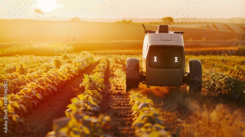 an AI-powered autonomous agriculture robot traversing crop fields to monitor plant health photo