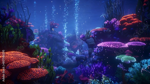  an underwater kingdom ruled by Curious Critters, where bioluminescent coral reefs light up the darkness. photo