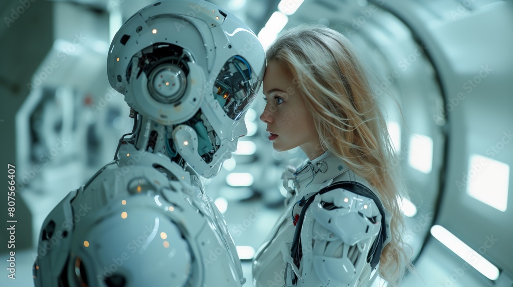 Humanoid female interacting with robot Humanoid female interacting with robot