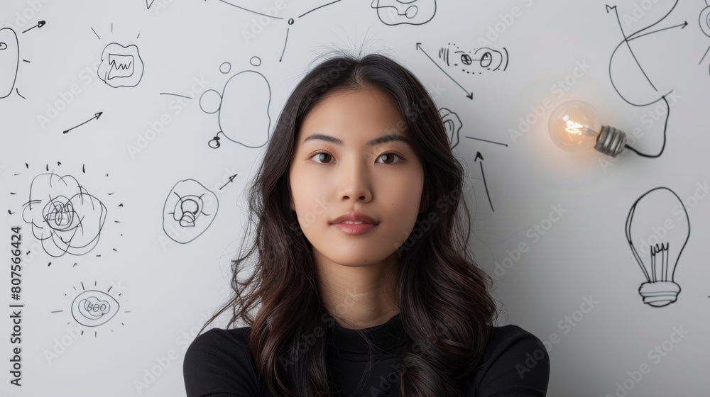 Business Innovation, A real photo of a young Asian woman brainstorming innovative ideas in a professional setting against a clean white background. Business Innovation, A real photo of a young Asian woman brainstorming innovative ideas in a professional setting against a clean white background.