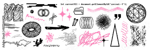 Bitmap geometric abstract shape and texture asset. Pixel y2k elements, wireframe, scribble for trendy design. Vector graphic element.