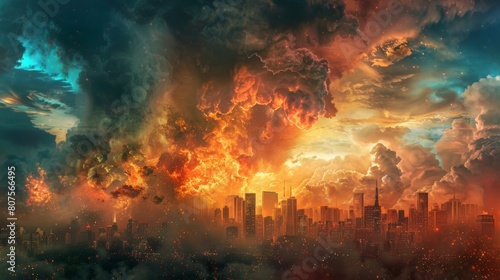 A city skyline in flames, smoke billowing into a stormy sky, depicting urban conflict and destruction © EC Tech 