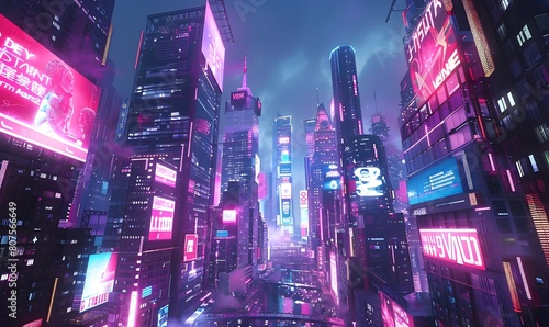 Cybernetic Cityscape, a futuristic cityscape with towering skyscrapers and digital billboards