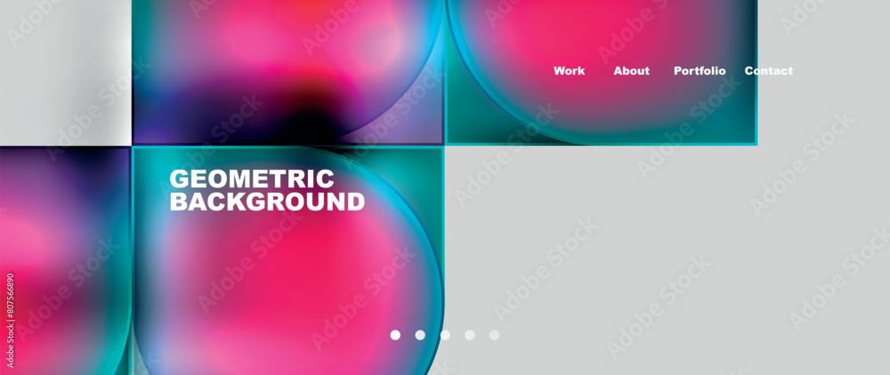 Fototapeta premium A geometric background featuring circles and squares in shades of purple, violet, pink, magenta, and electric blue. A modern technologyinspired pattern with a futuristic font
