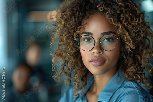Portrait of a beautiful young African American business woman with curly hair. Created with Ai