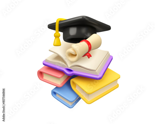 University learning vector 3d icon. Graduation hat with diploma scroll and opened book, higher education promotion concept. Study online, certified course