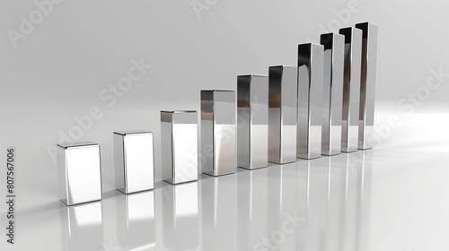A finance bar chart that is on a steeply upward trend with 6 bars steeply increasing in height  conveying booming success. Fastest growing companies use silver  mirror-like reflective surfaces.