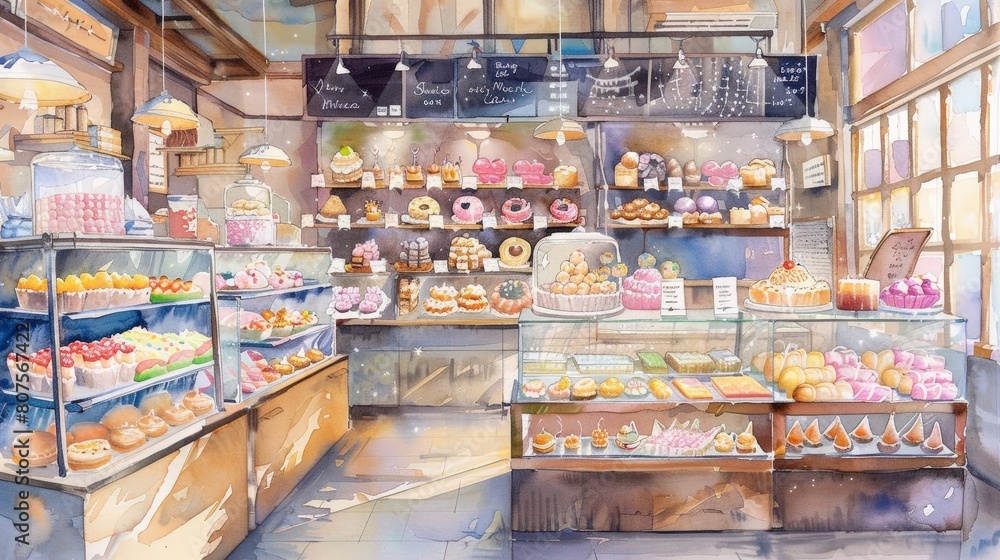 whimsical bakery display featuring a variety of cakes and pastries, including a white cake, a white and pink cake, and a white cake, displayed on a wooden shelf