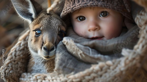 A baby and a kangaroo are sitting photo