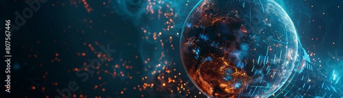 A digital globe wrapped in a glowing firewall  symbolizing global protection against cyber threats