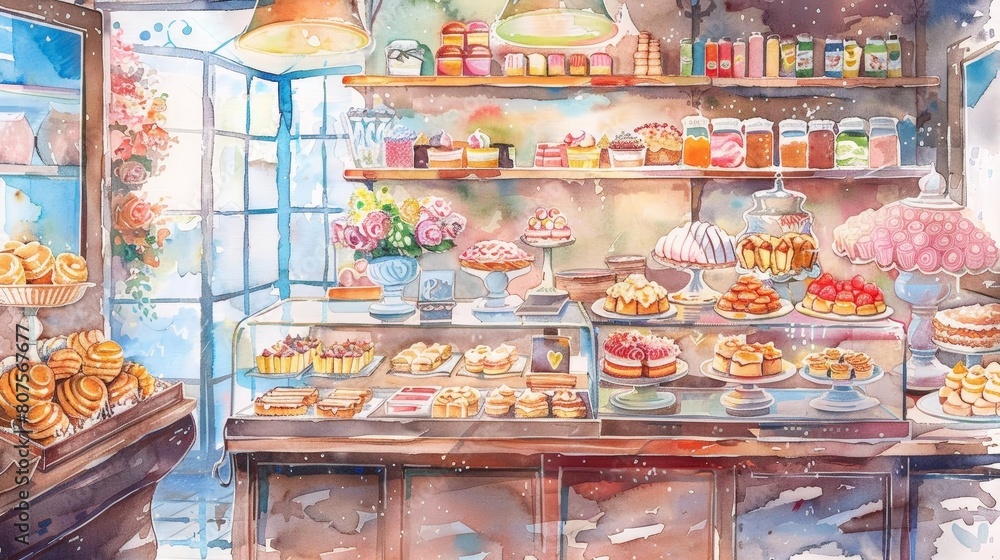 whimsical bakery display featuring a variety of cakes and pastries, including a white cake, a pink cake, and a cake, arranged on a wooden shelf with a blue whimsical bakery display featuring a variety of cakes and pastries, including a white cake, a pink cake, and a cake, arranged on a wooden shelf with a blue