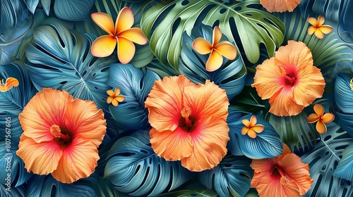 An array of vivid blooms  over a pale backdrop with a lovely orange floral design wallpaper encompassing green foliages and space  Generative AI.