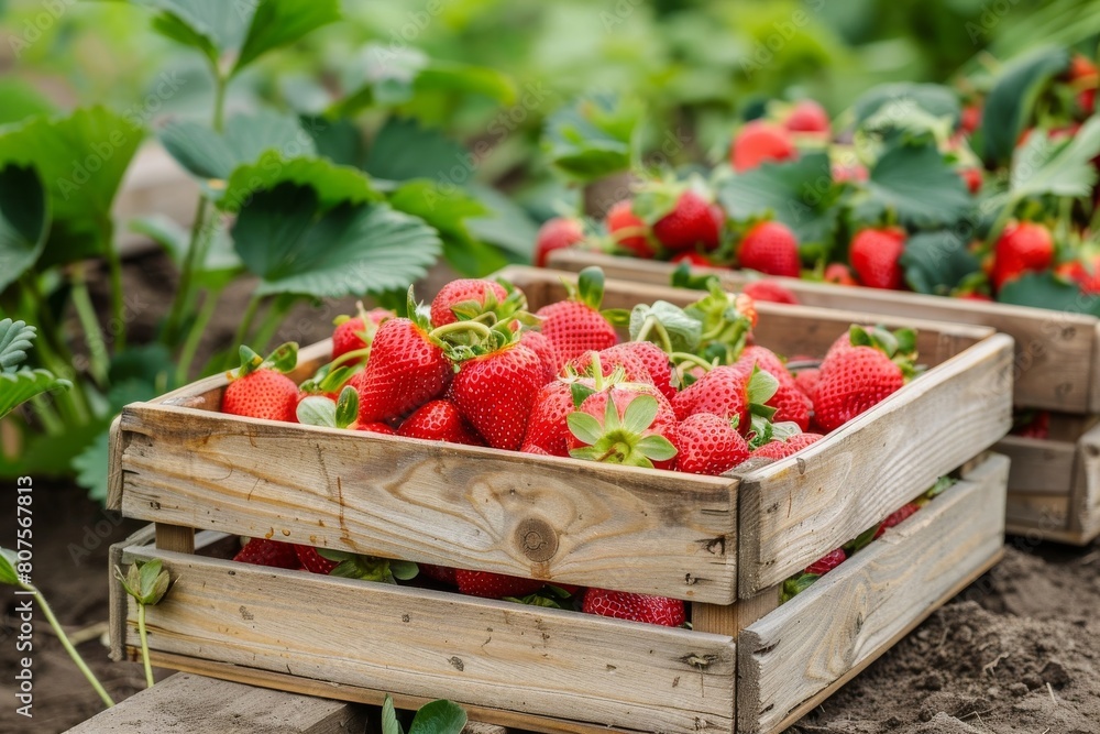 Strawberries piled in a homegrown fashion within a wooden crate, showcasing the fruit's natural garden environment Strawberries piled in a homegrown fashion within a wooden crate, showcasing the fruit's natural garden environment