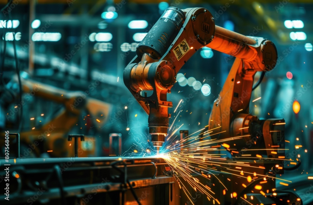 Futuristic robot arm welding in factory with sparks and light flare.