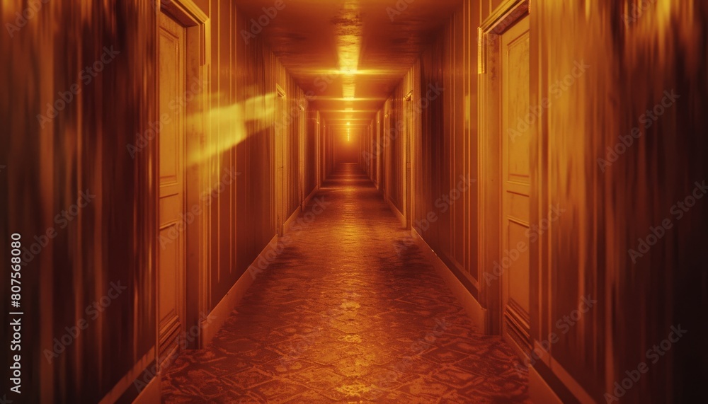 A hallway with flickering lights and endlessly repeating doorways, conveying the feeling of being trapped in a loop of confusion A hallway with flickering lights and endlessly repeating doorways, conveying the feeling of being trapped in a loop of confusion