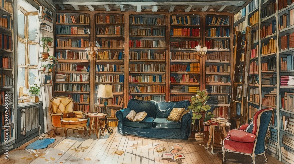 bookworm's retreat a cozy reading nook with a blue couch, wood chair, and brown pillow, illuminated by a white lamp, set against a warm wood floor bookworm's retreat a cozy reading nook with a blue couch, wood chair, and brown pillow, illuminated by a white lamp, set against a warm wood floor