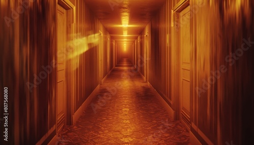 A hallway with flickering lights and endlessly repeating doorways  conveying the feeling of being trapped in a loop of confusion