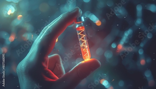 A hand holding a glowing vial labeled CRISPR, a revolutionary gene editing tool