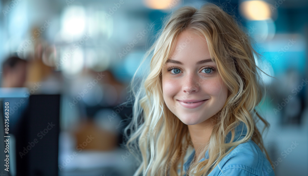 Obraz premium Young Blonde Woman Smiling in Modern Office