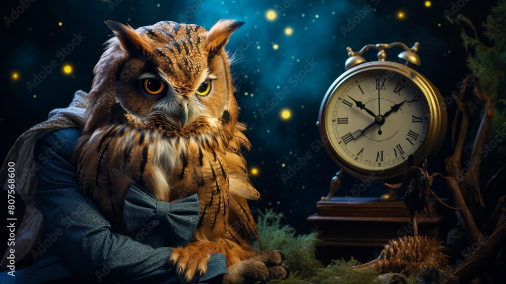 a sophisticated owl in a tailored waistcoat, complete with a pocket watch