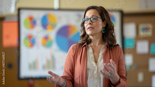 Portrait of a teacher or school administrator presenting a budget proposal to a school board or funding committee, with charts and graphs illustrating the allocation of funds. photo
