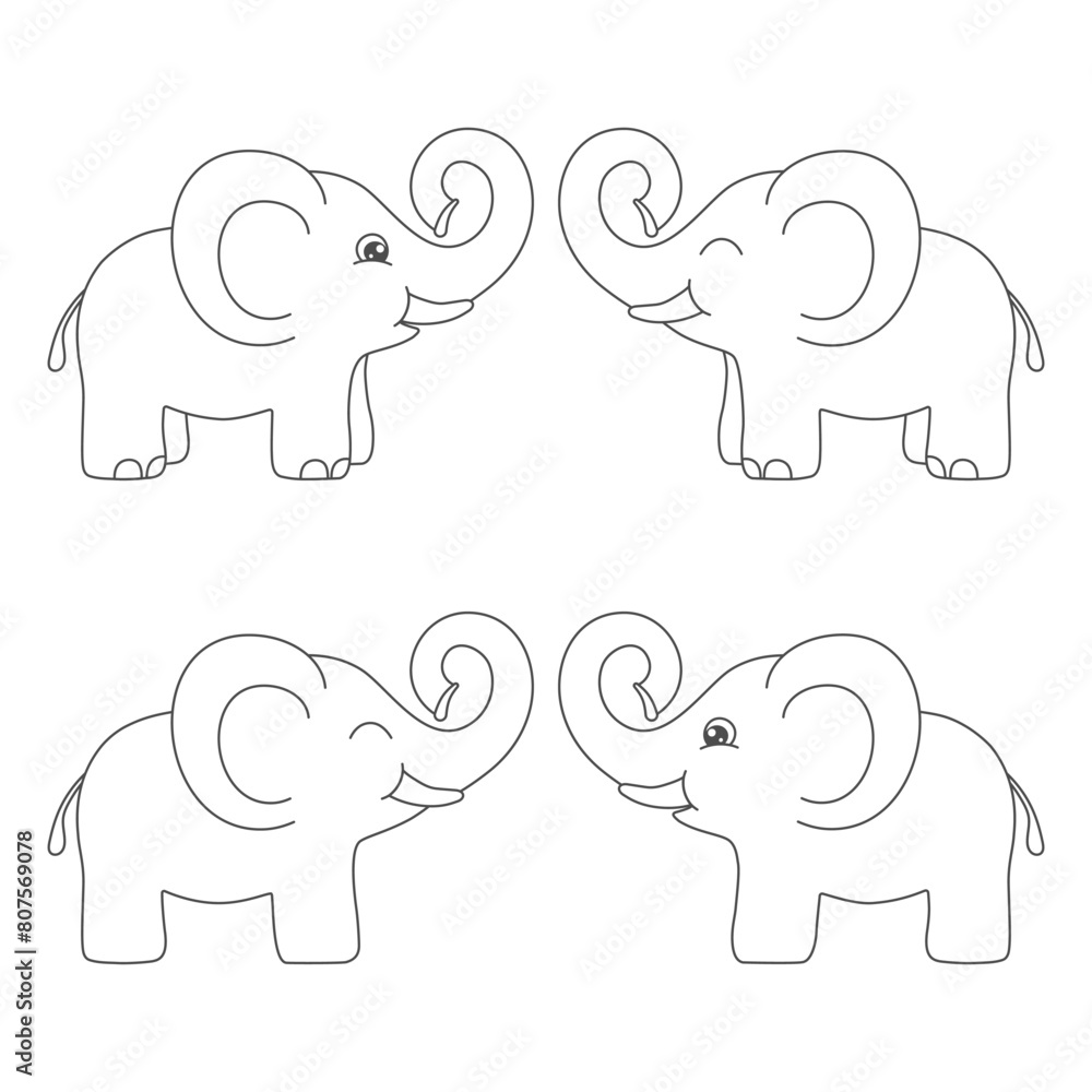 Elephants. Set of black and white images for drawing. Coloring page. Elephants. Set of black and white images for drawing. Coloring page.
