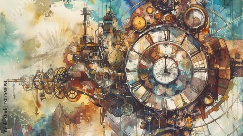 clockwork carnival scene featuring a white clock and a large clock, with a wall in the background