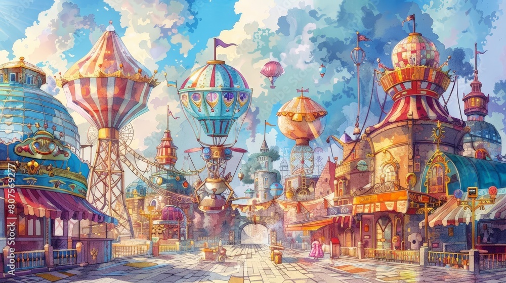 clockwork carnival scene featuring a colorful array of buildings, including a blue building, a purple and pink balloon, and a blue building, with a clock in the foreground
