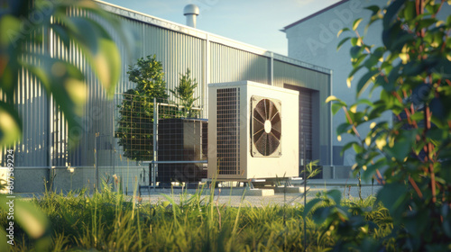 Condenser unit of the HVAC system stands resilient against the elements, In the vicinity of the factory plant. photo