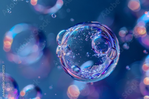 A macro shot of a single, healthy cell floating in a nutrientrich culture medium, with a single air bubble rising to the surface