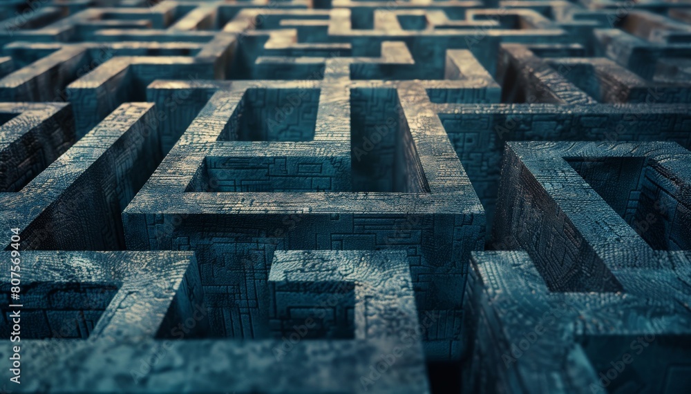 A maze with a single exit point, representing the challenge of navigating the complexities of global network security A maze with a single exit point, representing the challenge of navigating the complexities of global network security
