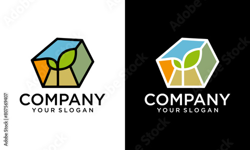 Creative Natural Gravel Rock Stone Street with Green Plant Leaf and Wooden Trunk Wood for Nature Rural Landscape logo design