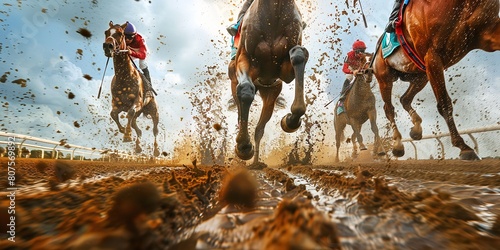 Enjoyable horse racing wager action view from a low vantage point consisting of competitive hoofed legs in motion, vast blue sky, and earth rupture and space, Generative AI. photo