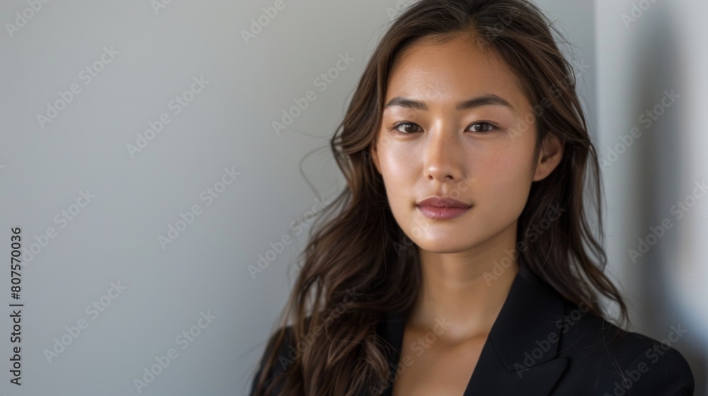 Fototapeta premium Confident Asian Businesswoman, A real photo capturing a young Asian woman exuding confidence and professionalism against a white backdrop.