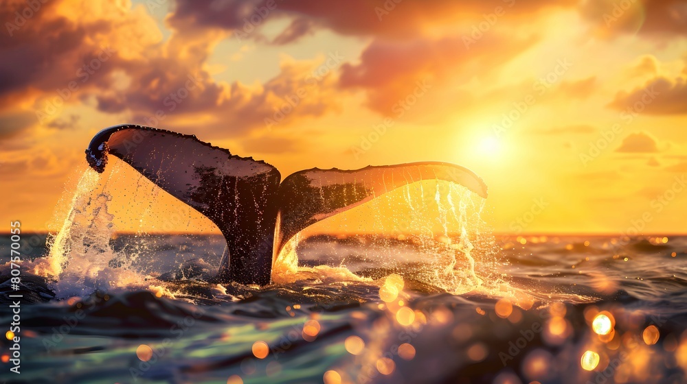 Fototapeta premium Whale tail seen above the ocean water creating splashes in the sunset light. Beautiful wildlife seascape