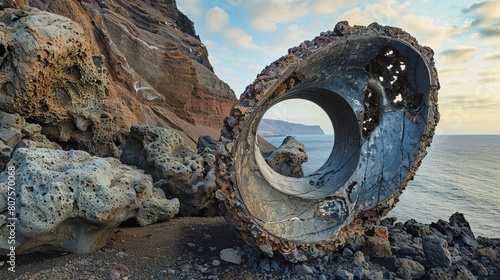 Brutalist product photo of Canarian painter volcanic rock spiral