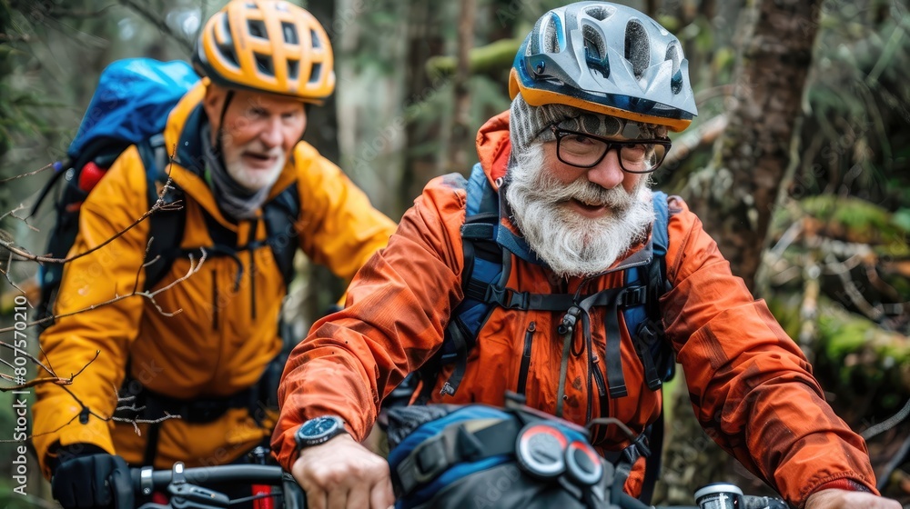 Two men are riding bikes in the woods, one wearing a yellow jacket Two men are riding bikes in the woods, one wearing a yellow jacket
