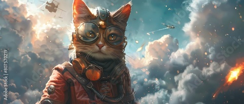 Adventure unfolds in the clouds as cats in steampunk suits take on sky pirates in thrilling aerial combats photo