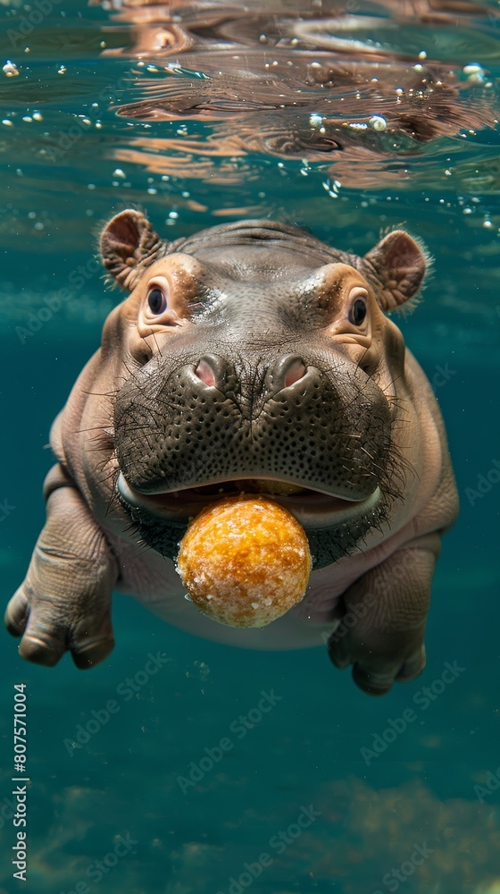Fototapeta premium A cute baby hippopotamus is swimming underwater with a ball in it's mouth.