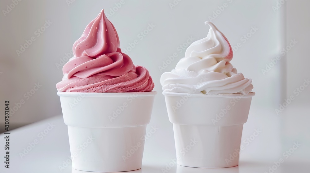 Close up photo of frozen yogurt twirl cup on white with two flavors, white and pink Close up photo of frozen yogurt twirl cup on white with two flavors, white and pink
