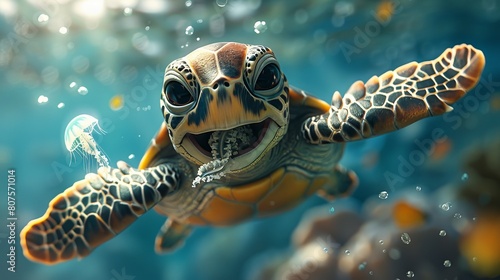 A cute baby sea turtle is swimming in the ocean. The turtle is smiling and looks happy. photo