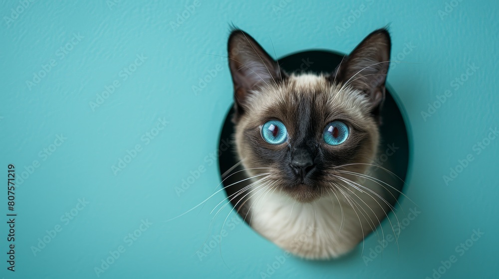A cute Siamese cat peeks out of a hole in a blue wall. The cat has bright blue eyes and a curious expression on its face. A cute Siamese cat peeks out of a hole in a blue wall. The cat has bright blue eyes and a curious expression on its face.