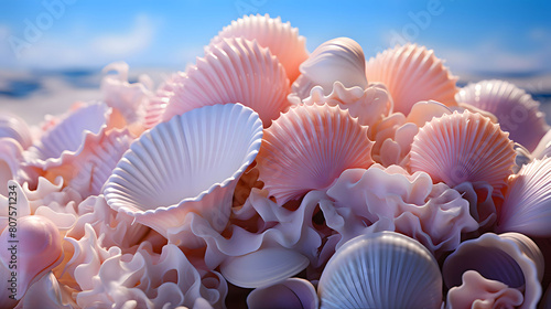 seashells on the beach with blue sky